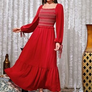 Red Smocked Bust Lantern Sleeve Maxi Dress